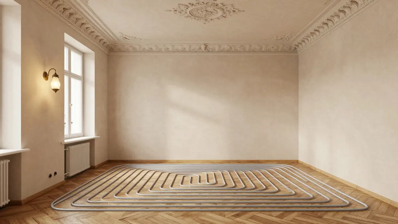Moderne Fußbodenheizung wird in einem alten Wiener Apartment installiert, ohne historische Details zu beeinträchtigen.