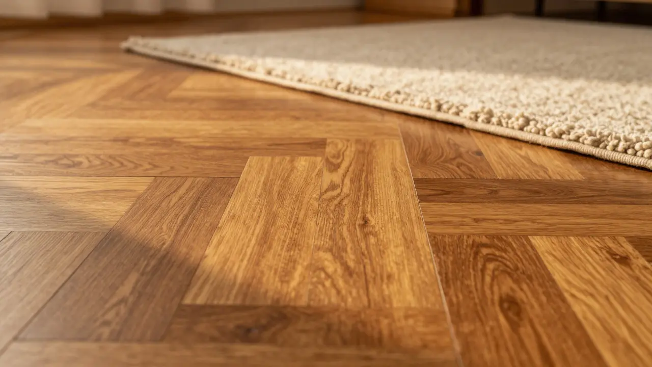 Nahaufnahme von Echtholzparkett im Wohnzimmer bei warmem Sonnenlicht und weichen Farben.