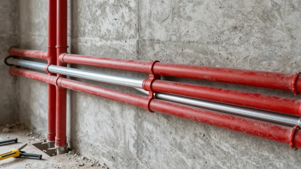 Rote Leitungen zur Wasseraufbereitung getrennt vom blauen Trinkwassernetz.