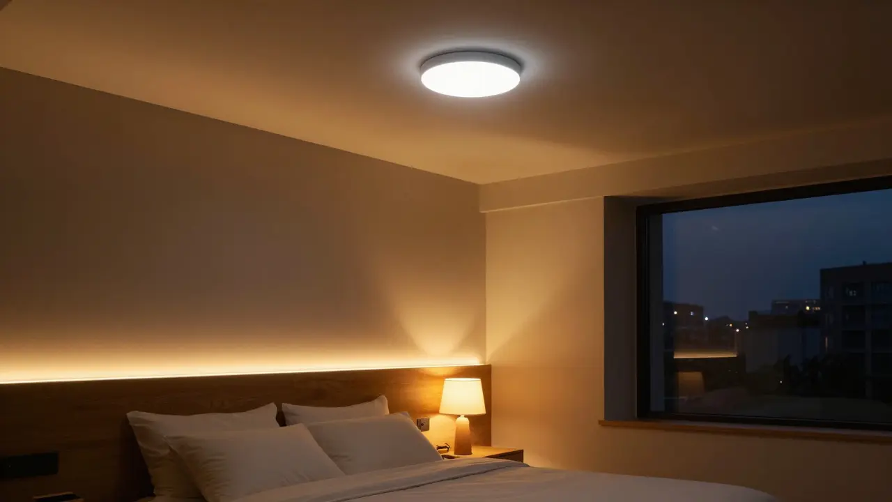 Schlafzimmer mit Dim-to-Warm-Deckenlicht, das von kalt nach warm wechselt, und sanftem Bodenlicht.