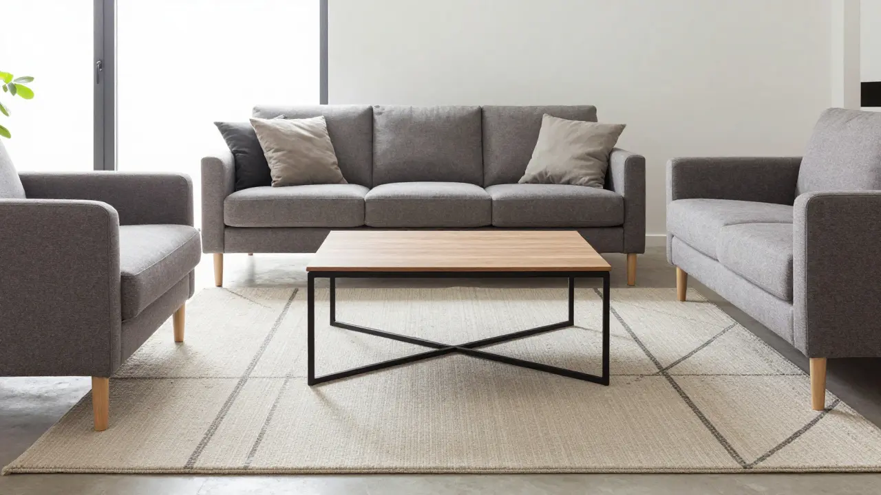 Teppich nur unter den Vorderbeinen des Sofas und dem Couchtisch in einem mittelgroßen Wohnzimmer.