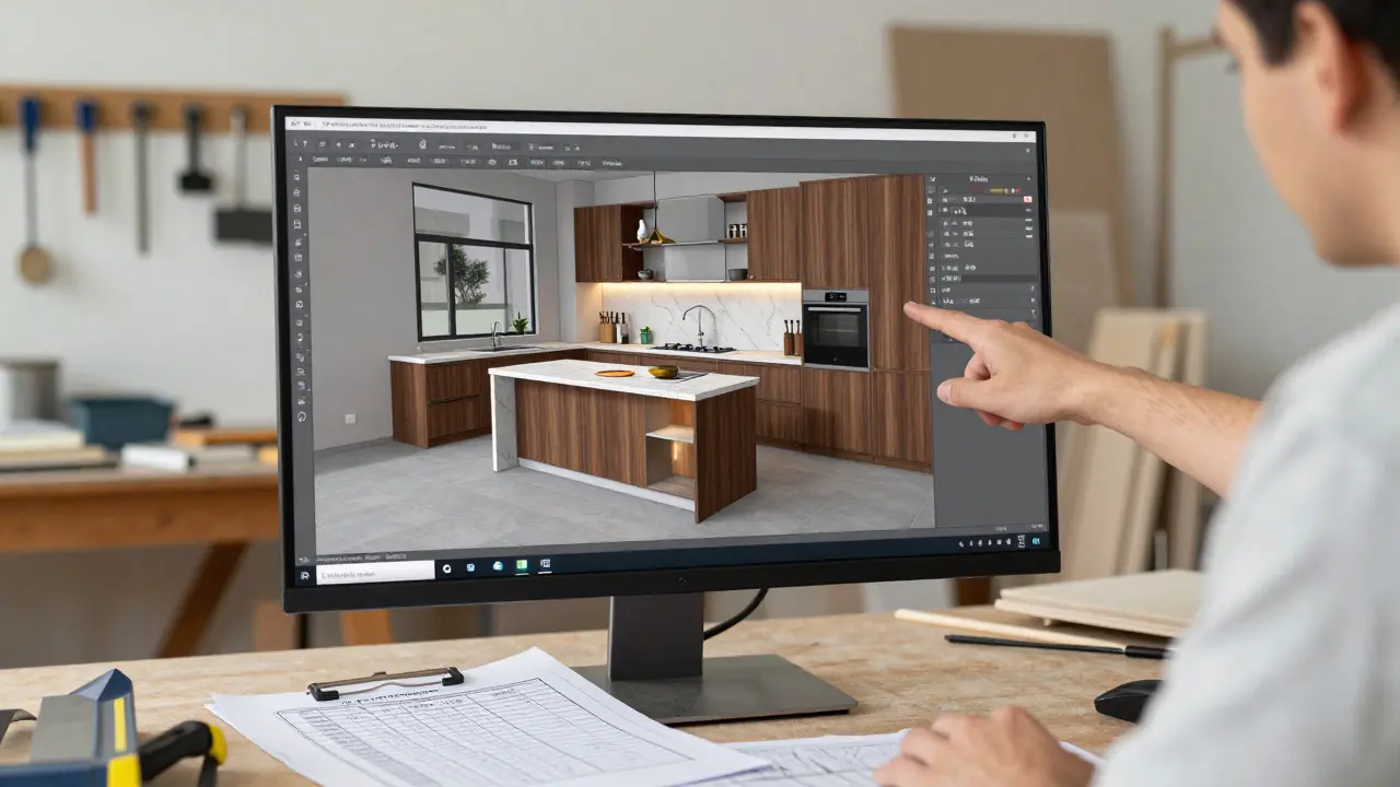 Tischler zeigt eine detaillierte 3D-Küchenplanung auf einem Monitor mit hochwertigen Materialien.