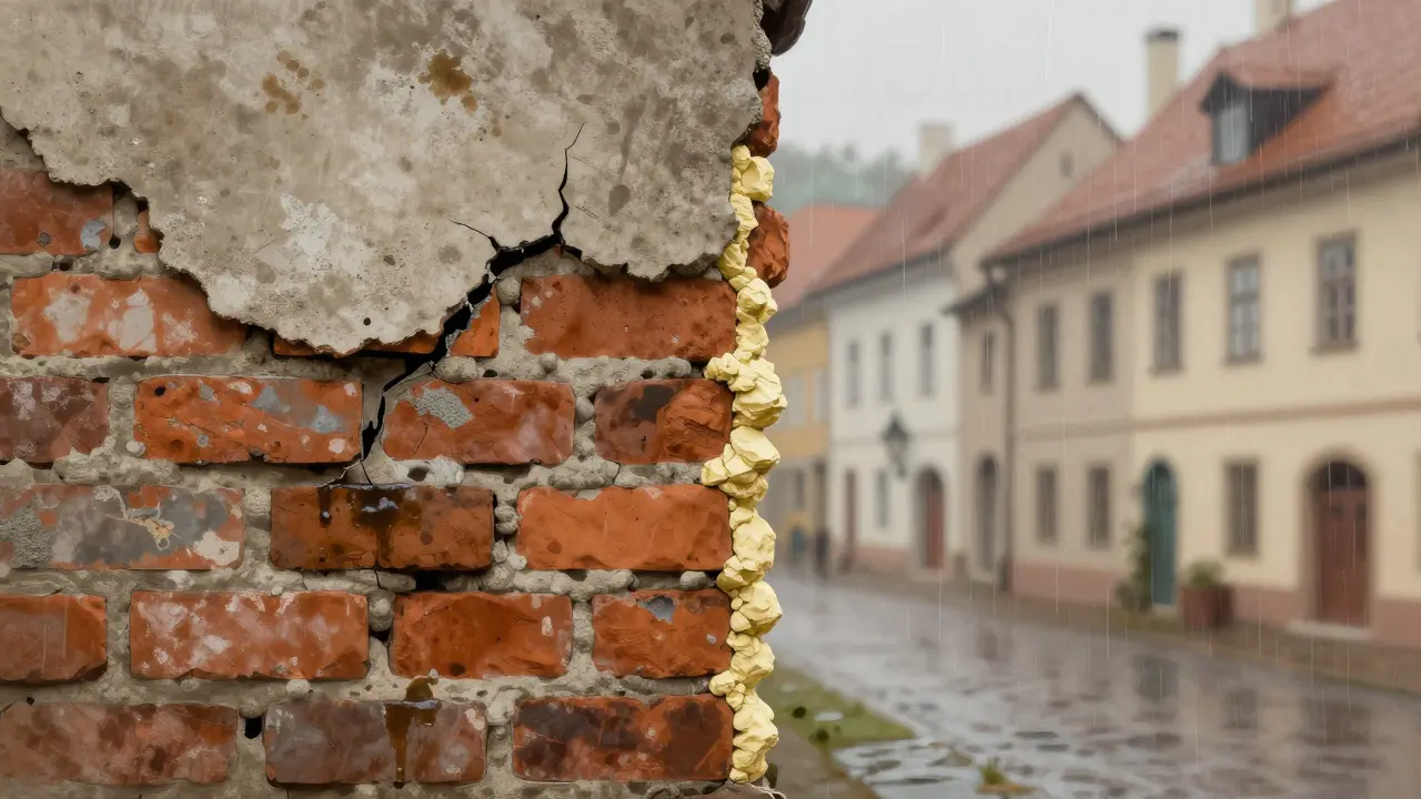 Vergleich: beschädigte Zementfuge links, geheilte Kalkfuge rechts — nachhaltige Sanierung von Mauerwerk.