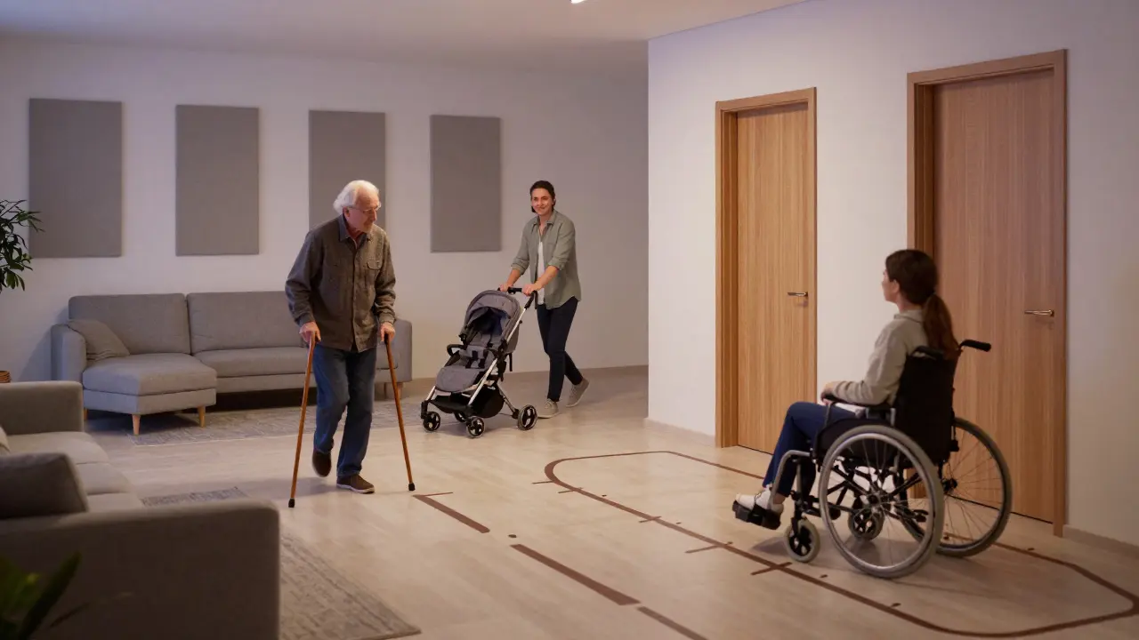 Verschiedene Nutzer:innen bewegen sich frei in einem barrierefreien Wohnzimmer mit kontrastreichen Oberflächen und akustisch gedämpften Elementen.