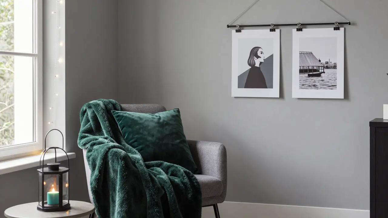 Warm beleuchteter Raum im Winter mit Samtdecke, Lichterketten und neutraler Grundausstattung.