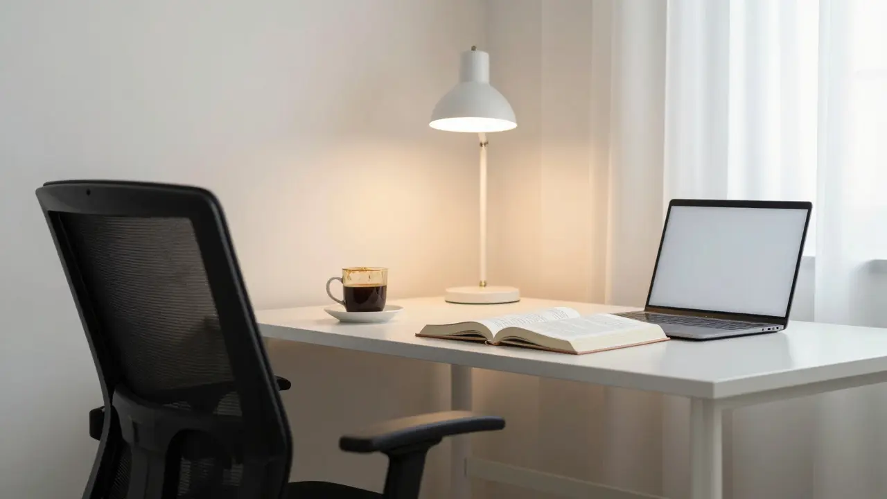 Weißer Schreibtisch mit Kaffeetasse und Buch, warmes Licht und natürliche Atmosphäre.