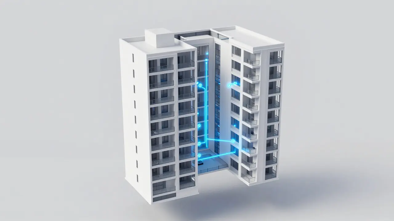 3D-Puppenhaus-Ansicht eines Apartments mit digitalen Navigationspunkten.