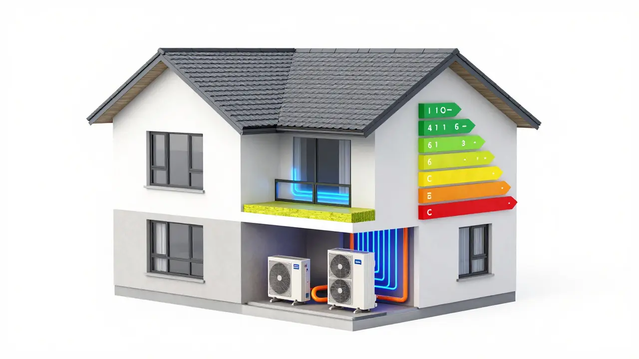 3D-Querschnitt eines Hauses mit Markierungen für Dachdämmung und Wärmepumpe.