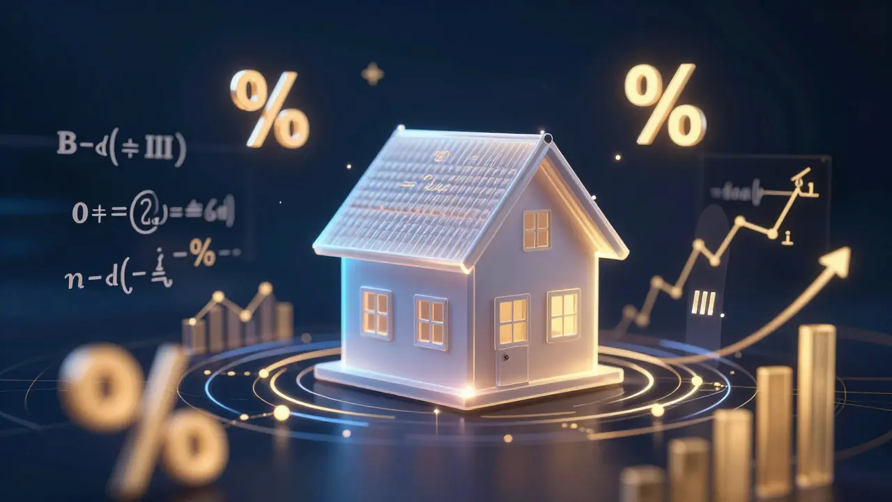 Abstraktes 3D-Modell eines Hauses umgeben von mathematischen Formeln und Zinskurven.
