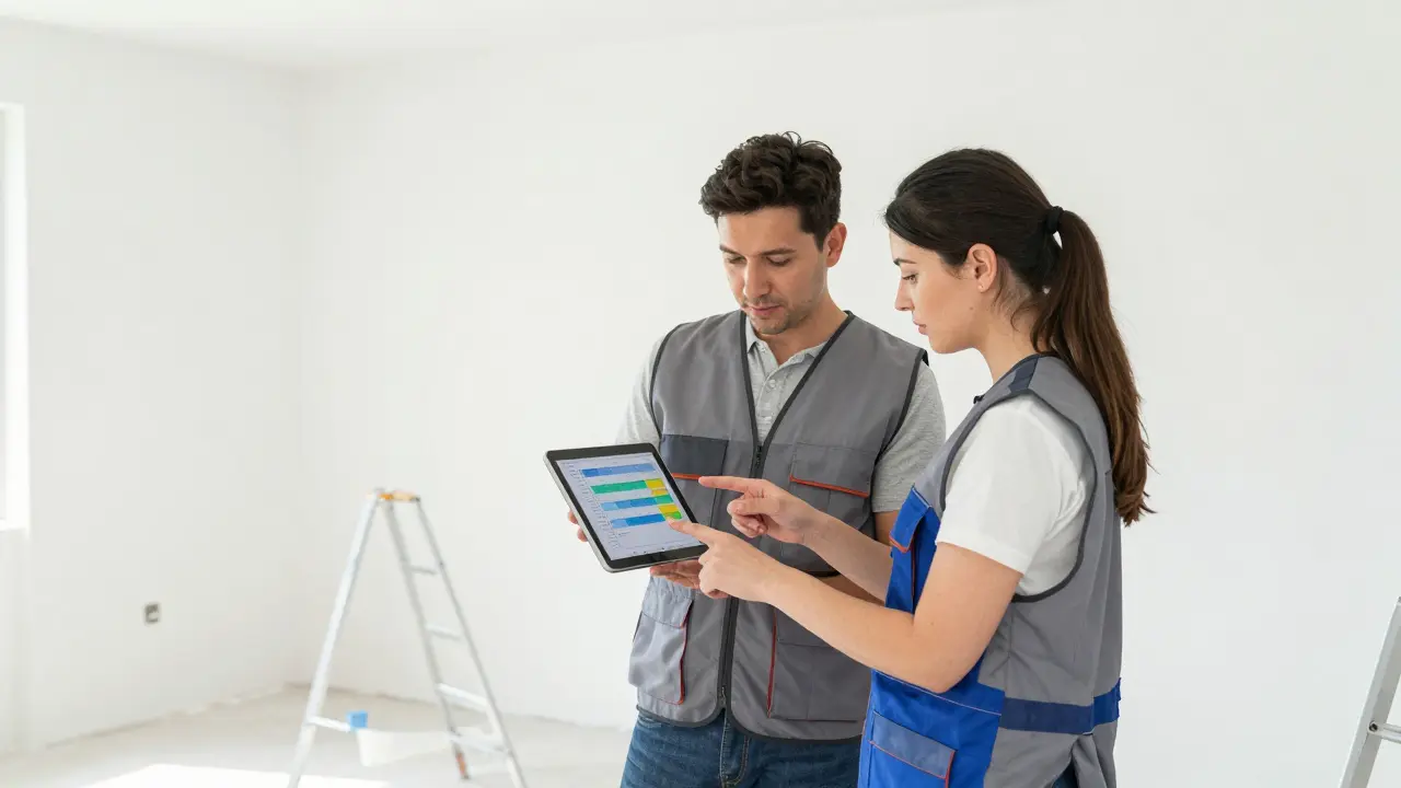 Bauherr und Handwerker besprechen gemeinsam einen digitalen Zeitplan im Haus.