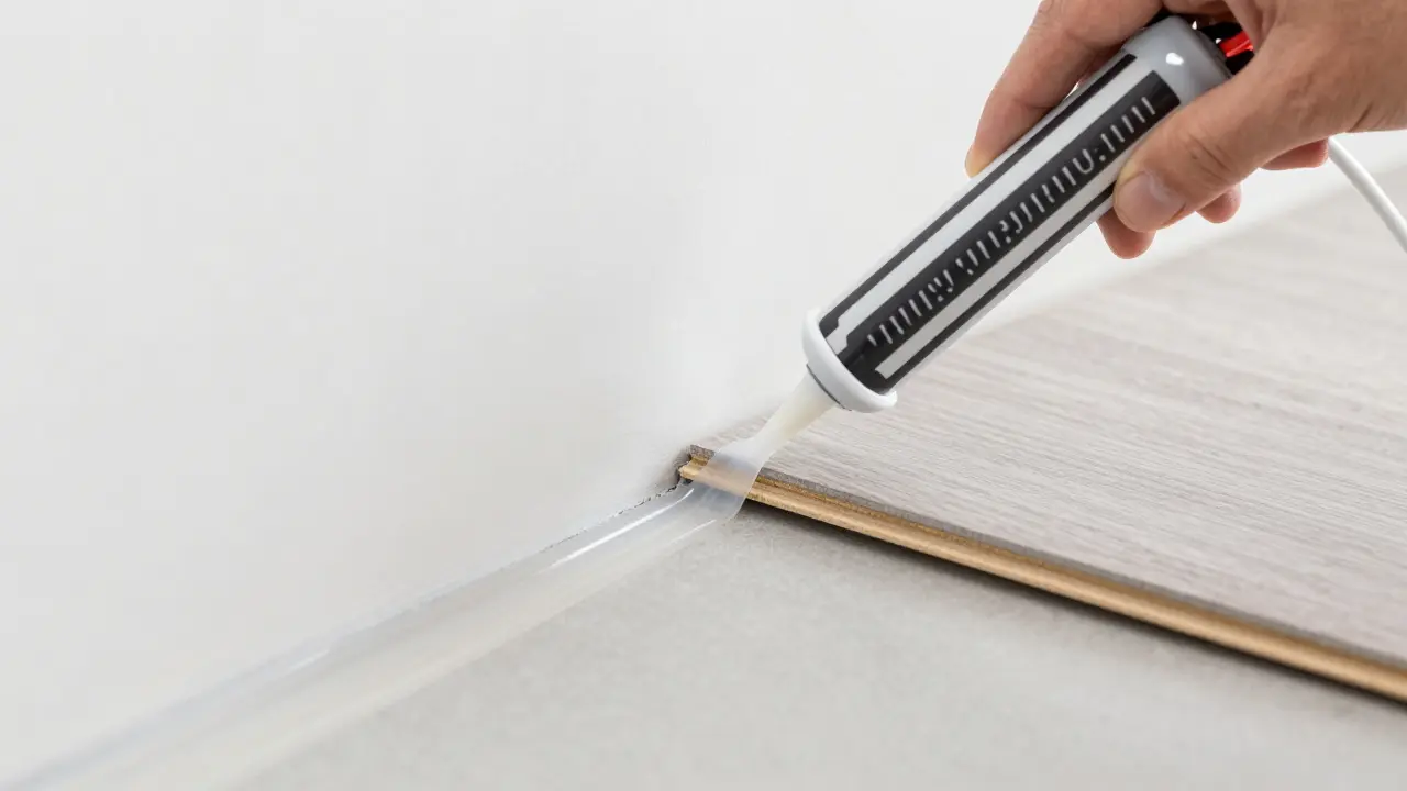 Detailaufnahme der Abdichtung einer Vinylbodenfuge mit Sanitär-Silikon und Rundschnur