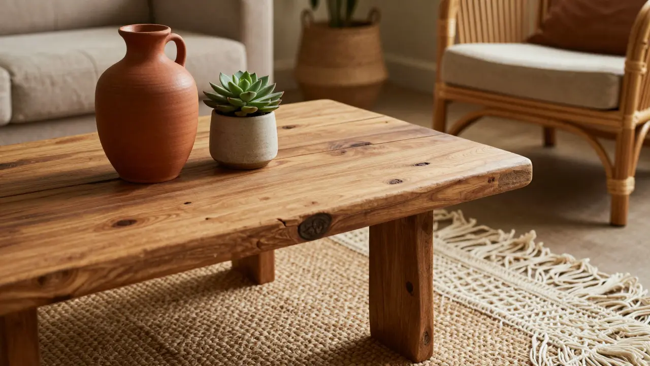 Detailaufnahme verschiedener Texturen aus Jute, Rattan, Altholz und handgetöpferter Keramik.