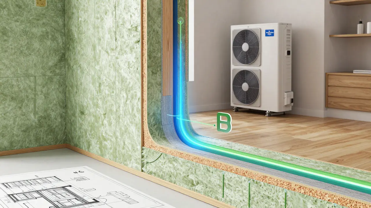 Detaildarstellung einer hochwirksamen Gebäudedämmung und einer modernen Wärmepumpe.