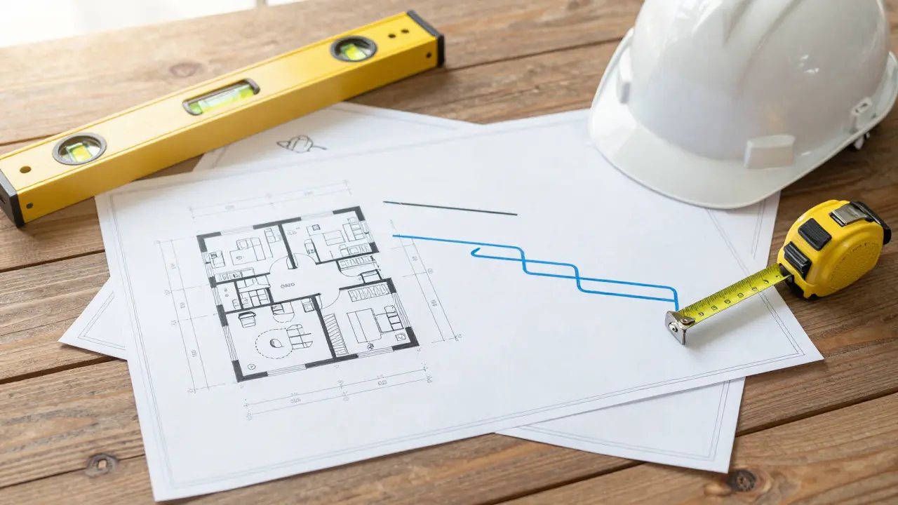 Ein detaillierter Bauzeitenplan mit Bauwerkzeugen auf einem Holztisch.