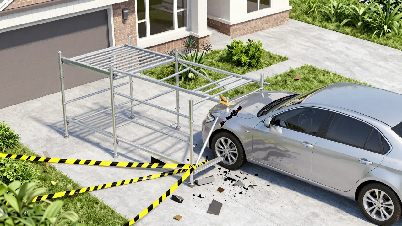 Ein eingestürztes Baugerüst, das ein geparktes Auto beschädigt hat