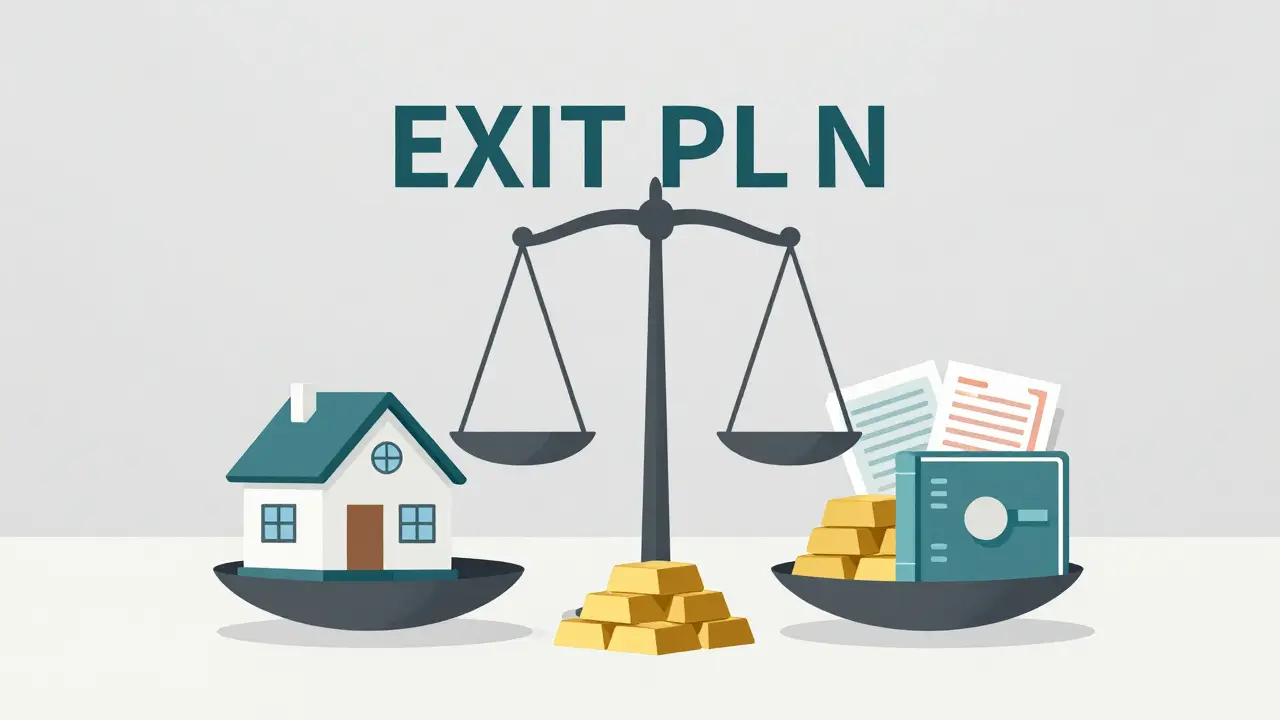 Eine Waage, die ein Hausmodell mit einem diversifizierten Finanzportfolio ausbalanciert