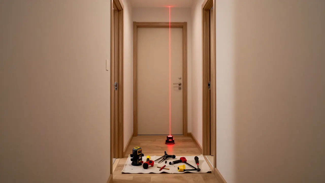 Einsatz eines Laser-Messgeräts zur präzisen Ausrichtung einer neuen Türzarge