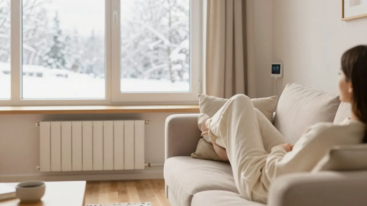 Gemütliches, warmes Wohnzimmer in einem energetisch sanierten Haus im Winter.