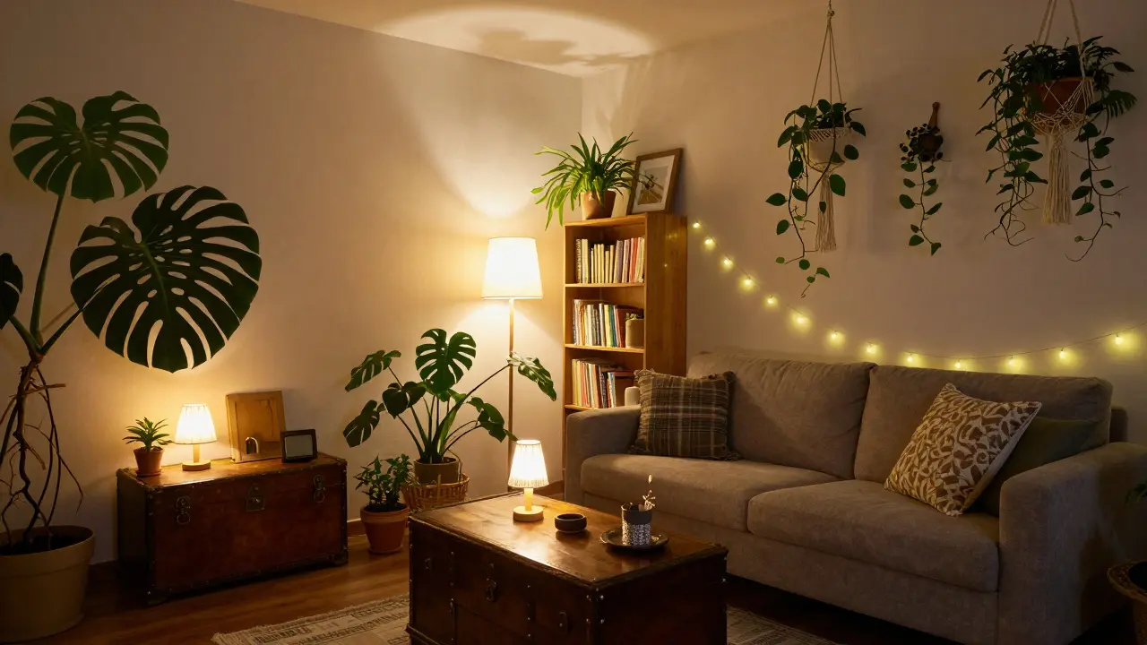 Gemütliches Wohnzimmer bei Dämmerung mit warmen Lichtquellen und vielen grünen Zimmerpflanzen.