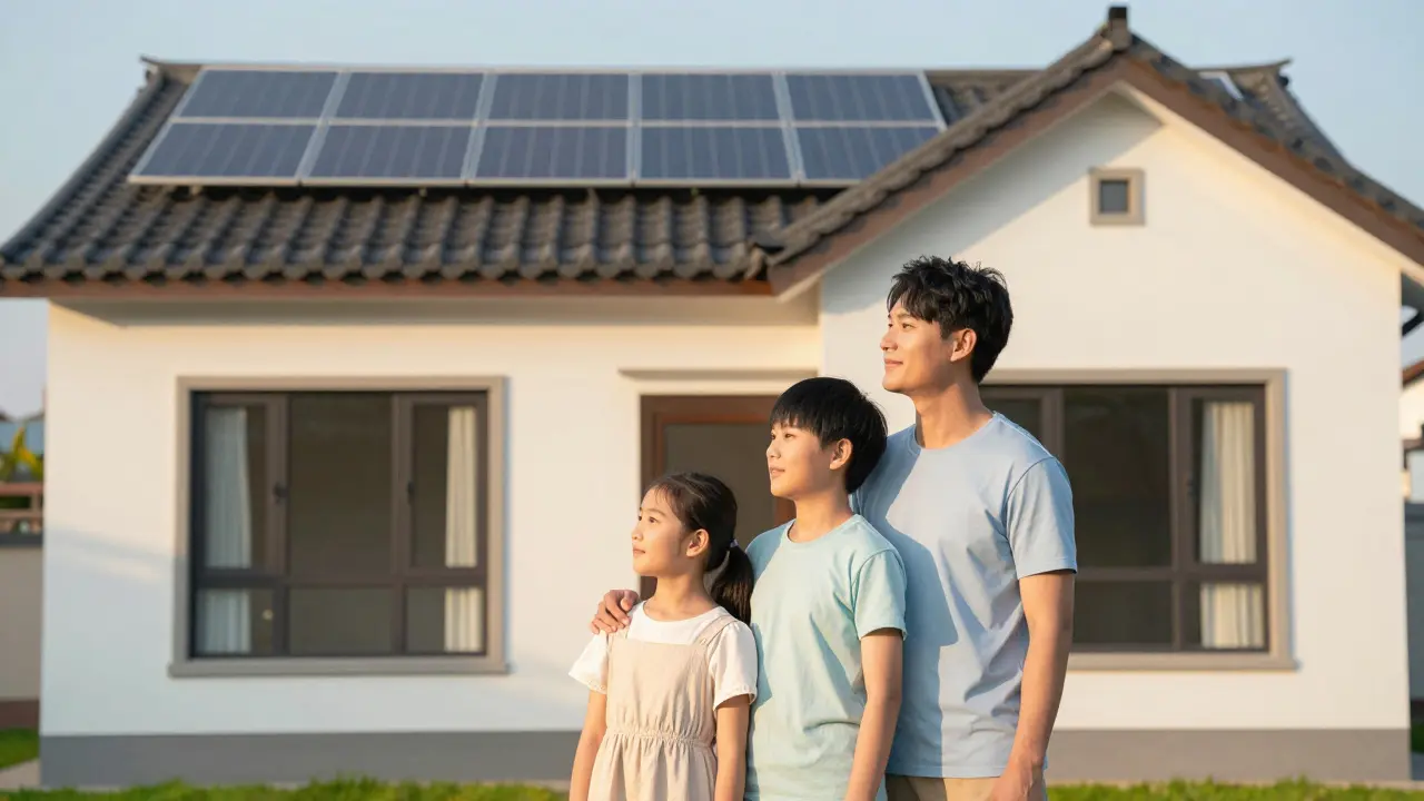 Glückliche Familie vor einem energetisch sanierten Haus mit Solarzellen auf dem Dach.