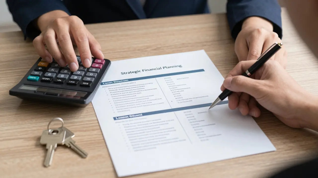 Hände bei der Berechnung von Kreditkosten mit Taschenrechner und Haus-Schlüsseln auf einem Tisch.