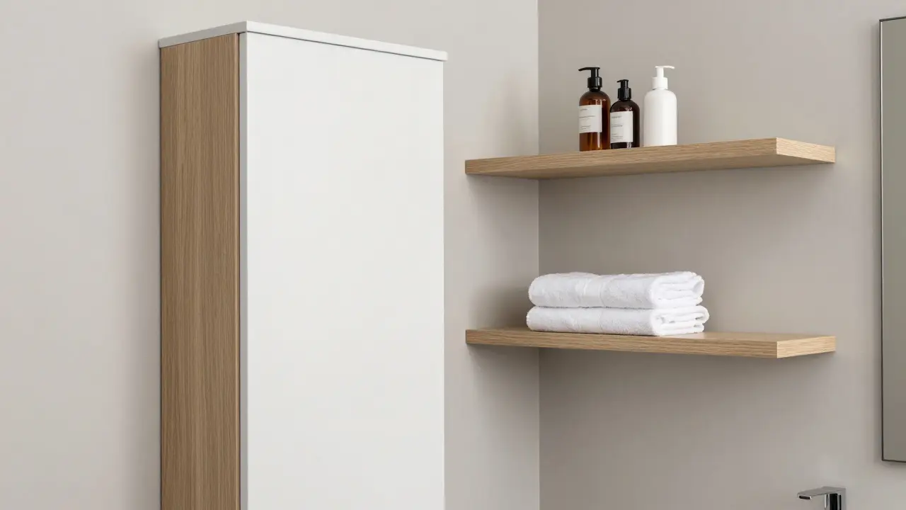 Hohe Badsäule und Wandregale aus hellem Holz zur vertikalen Raumnutzung.