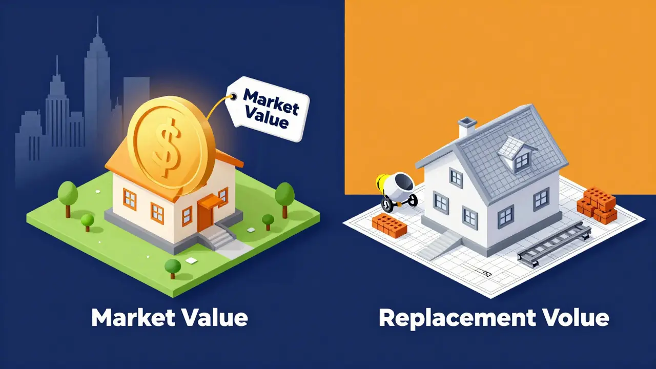 Isometrische Darstellung des Unterschieds zwischen Marktwert und Neubauwert einer Immobilie.