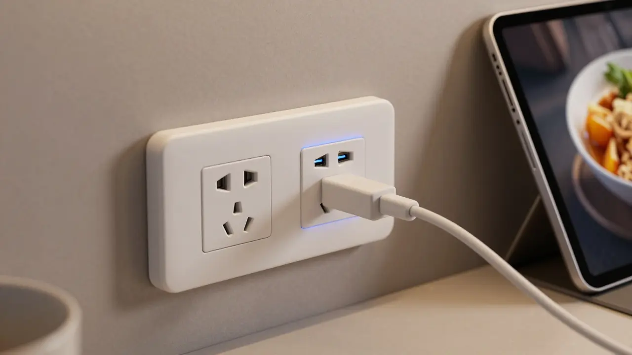 Moderne Wandsteckdose mit integriertem USB-C Anschluss in einer Küche.