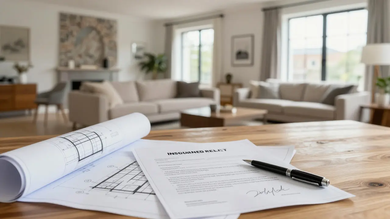 Modernes Wohnzimmer nach erfolgreichem Umbau mit Planungsunterlagen