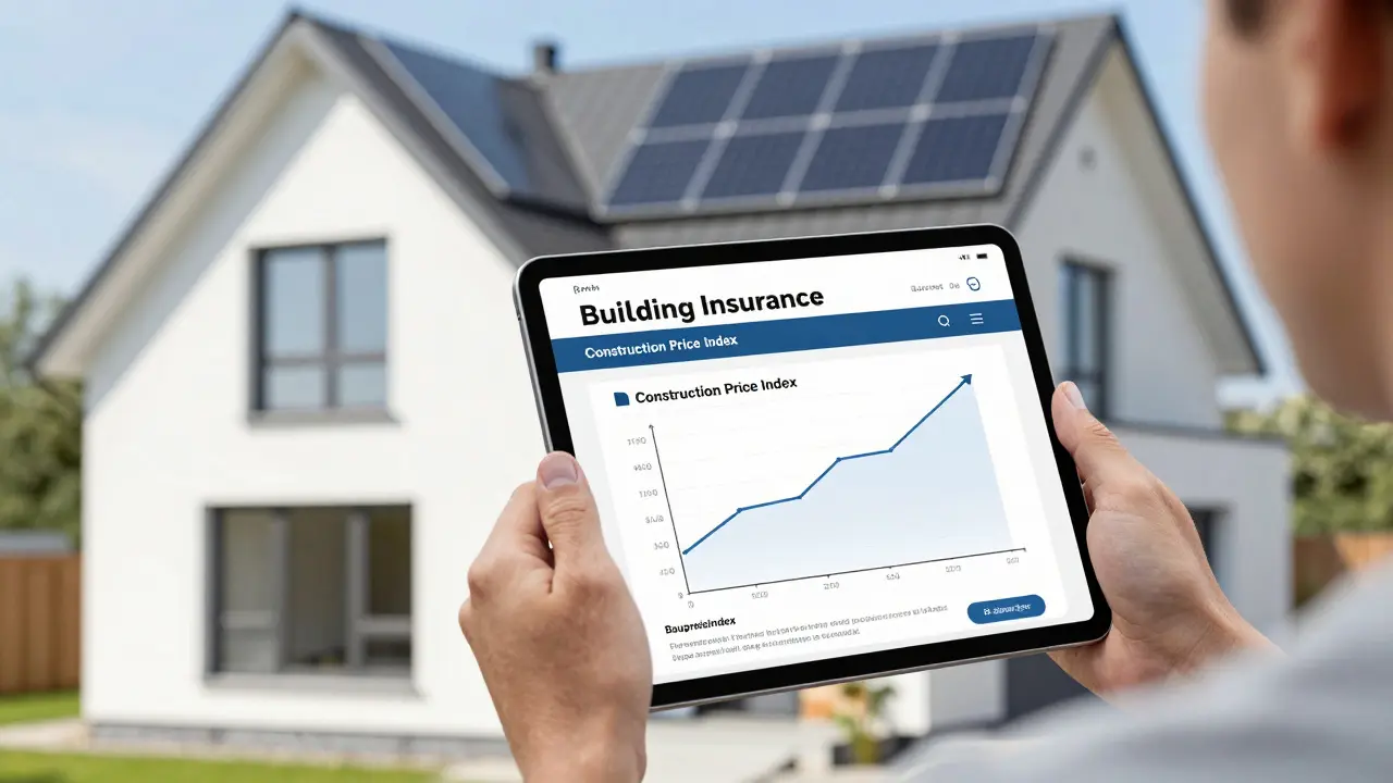 Person prüft Gebäudeversicherung und Baupreisindex auf einem Tablet vor einem sanierten Haus.
