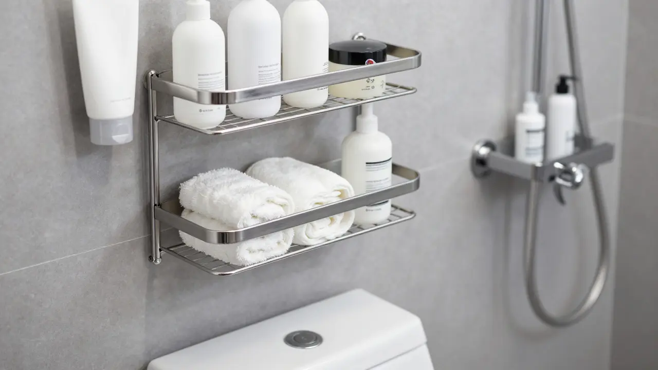 Platzsparende Regallösungen über der Toilette und organisierte Duschablagen.