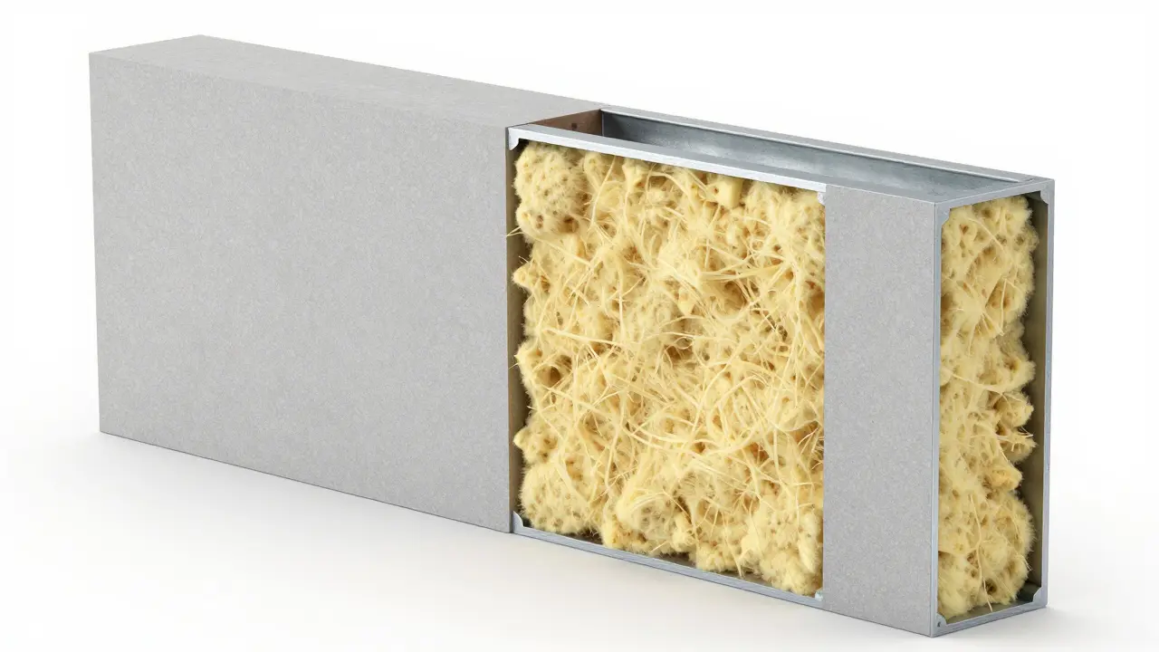 Querschnitt einer Schallschutzwand mit Mineralwolle und Gipskartonplatten.