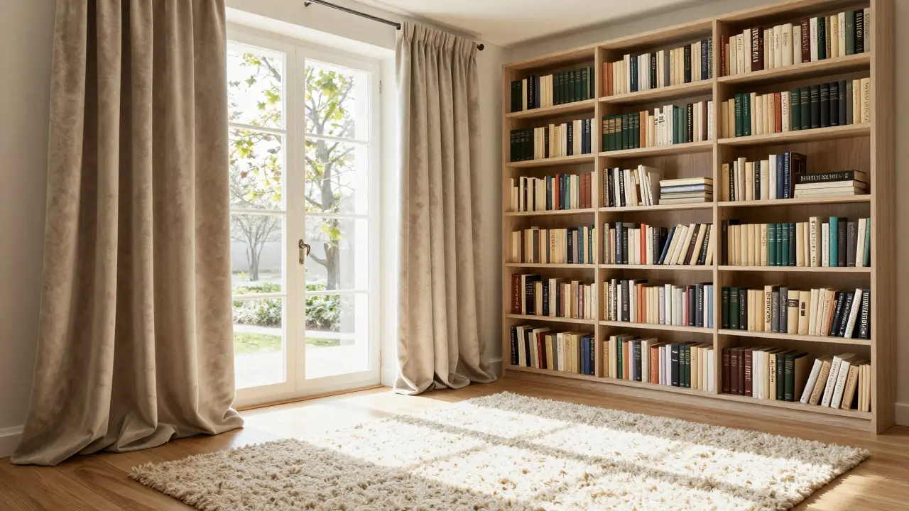 Ruhiges Zimmer mit schweren Vorhängen, Teppich und einem großen Bücherregal.
