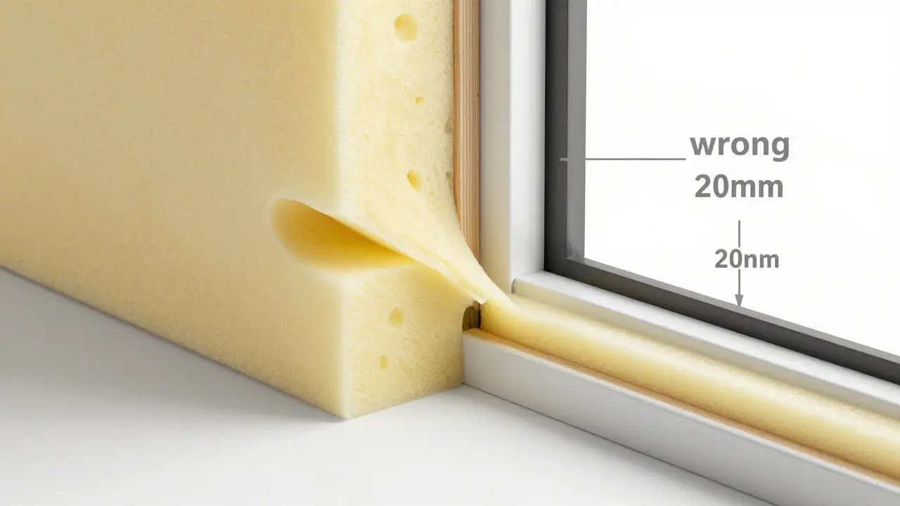 Schematische Darstellung von korrektem und fehlerhaftem PUR-Schaum bei der Zargenmontage