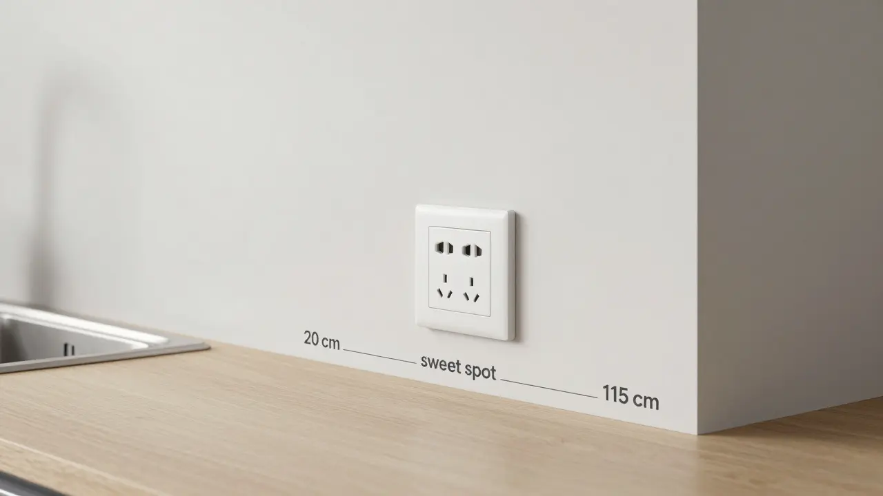 Technische Darstellung der idealen Position und Höhe von Küchensteckdosen.