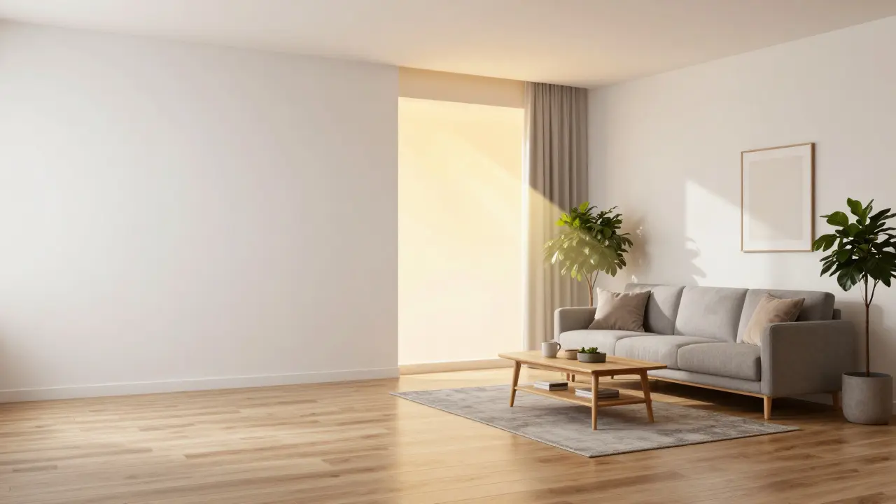 Vergleich zwischen einem leeren Raum und einem digital möblierten Wohnzimmer im skandinavischen Stil.