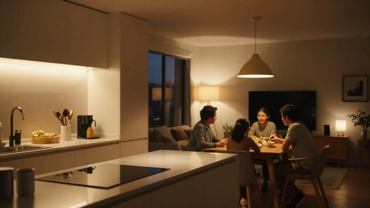 Abendliche Beleuchtung: Arbeitslicht, Essbereich und gemütliches Wohnzimmer