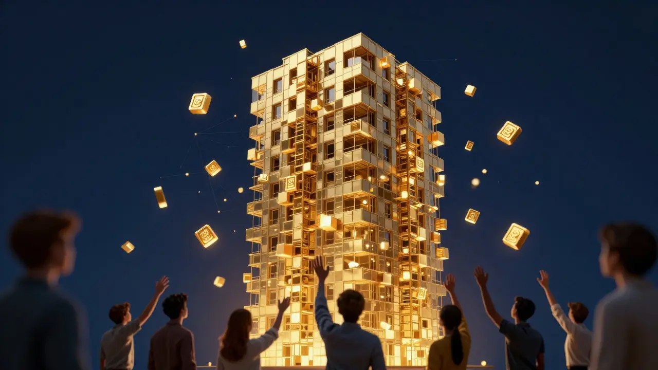 Abstrakte Darstellung der Immobilien-Tokenisierung mit goldenen Würfeln