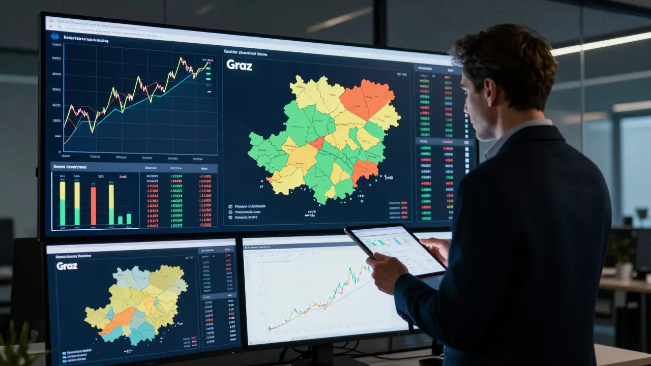 Analyst vor Dashboard mit Immobilienmarkt-Daten und Grafiken