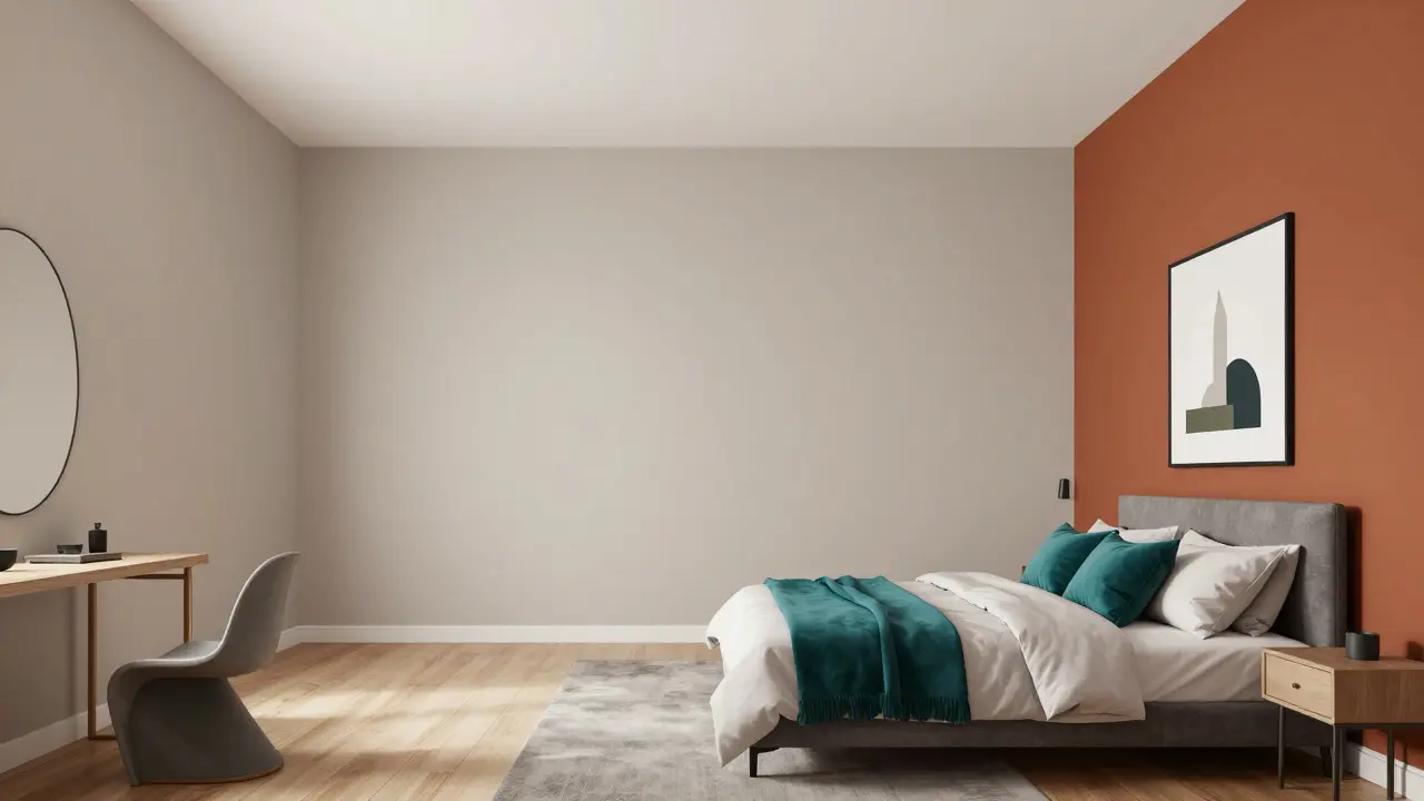 Bedroom illustrating the 60-30-10 color rule with greige and terracotta