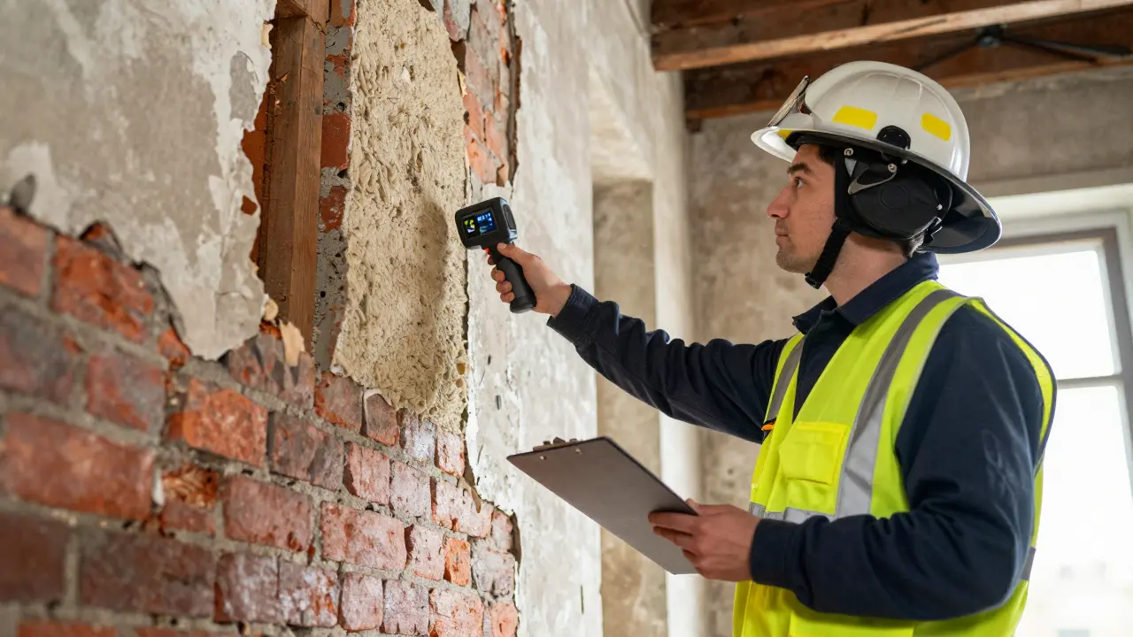 Brandschutzgutachter prüft historische Wand auf versteckte Brandgefahren