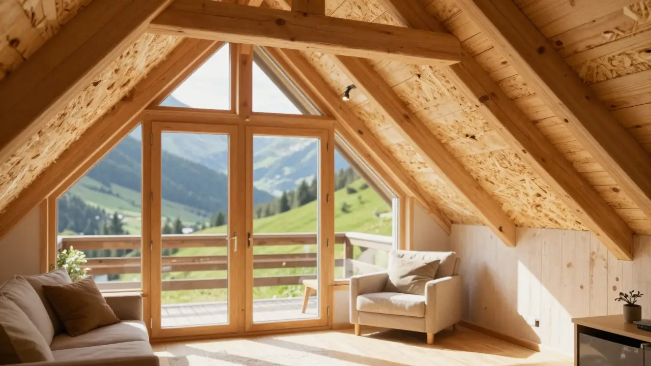 Cozy attic room with wood fiber insulation and alpine view