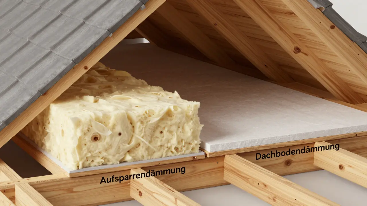 Cross-section diagram comparing external rafter and attic floor insulation