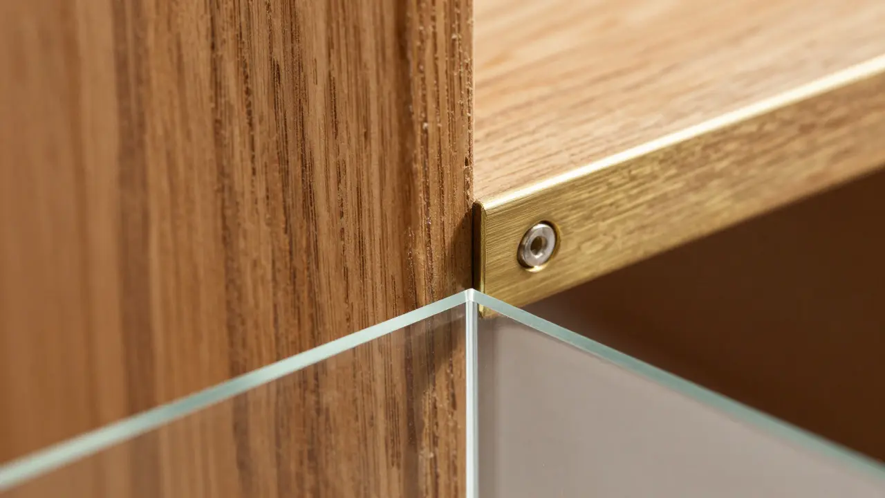 Detailaufnahme der Materialübergänge zwischen geöltem Holz, Messing und Glas.