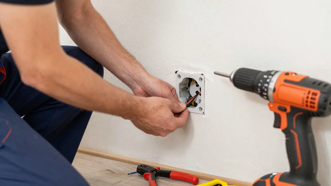 Elektriker installiert eine neue tiefe Steckdosenbox in einer modernen Wohnung