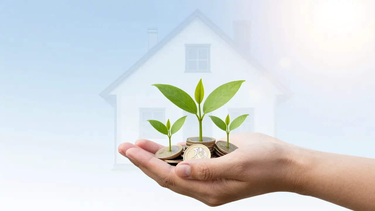 Hands holding coins turning into leaves, symbolizing savings and eco-benefits.