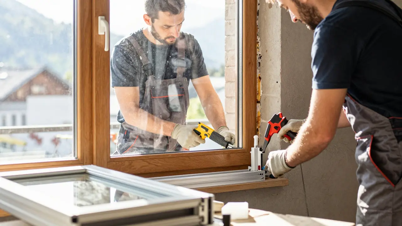 Handwerker installieren neues Fenster bei Renovierung