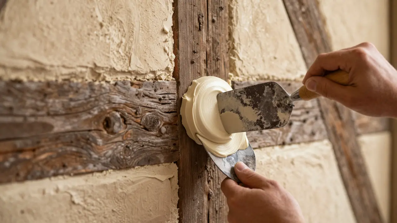 Handwerker trägt Kalkputz auf historische Fachwerkwand auf