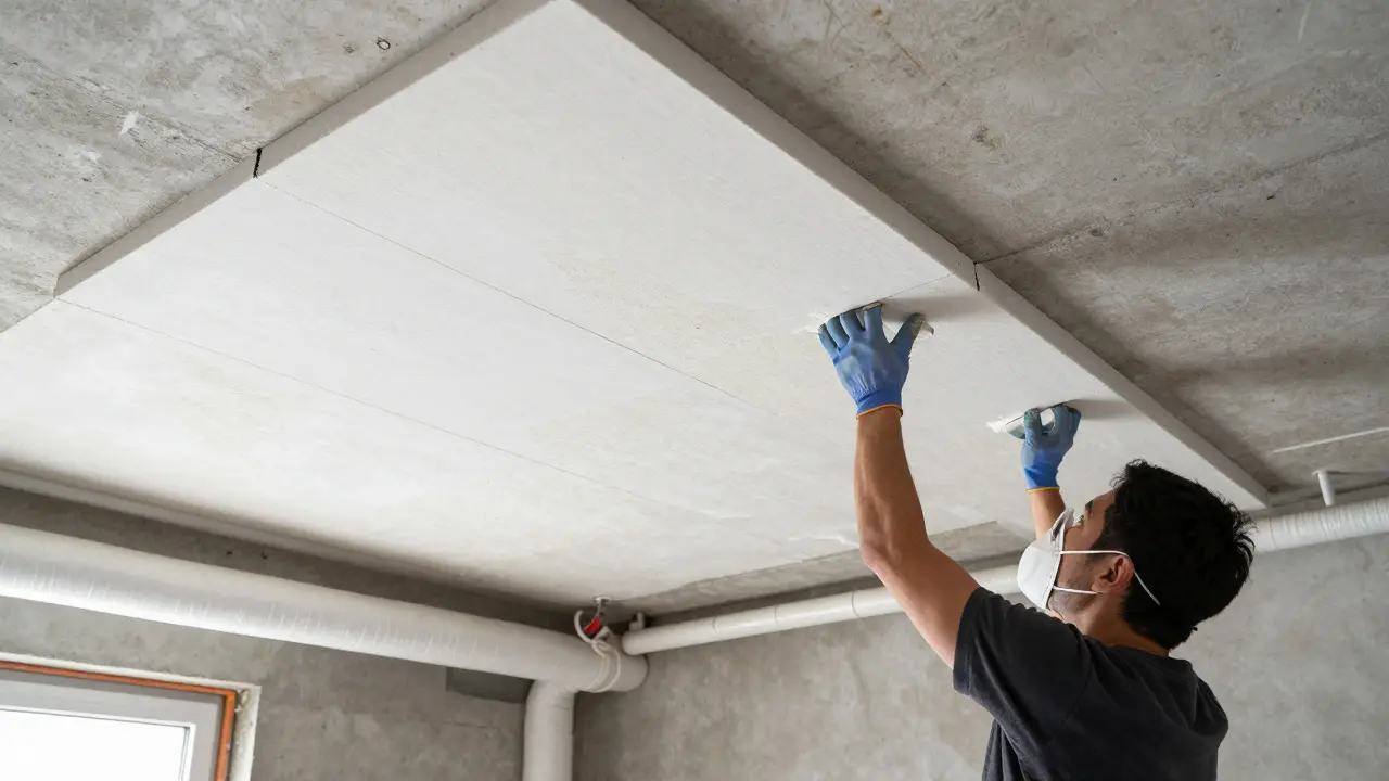 Installation von Dämmplatten an der Kellerdecke mit Schutzkleidung