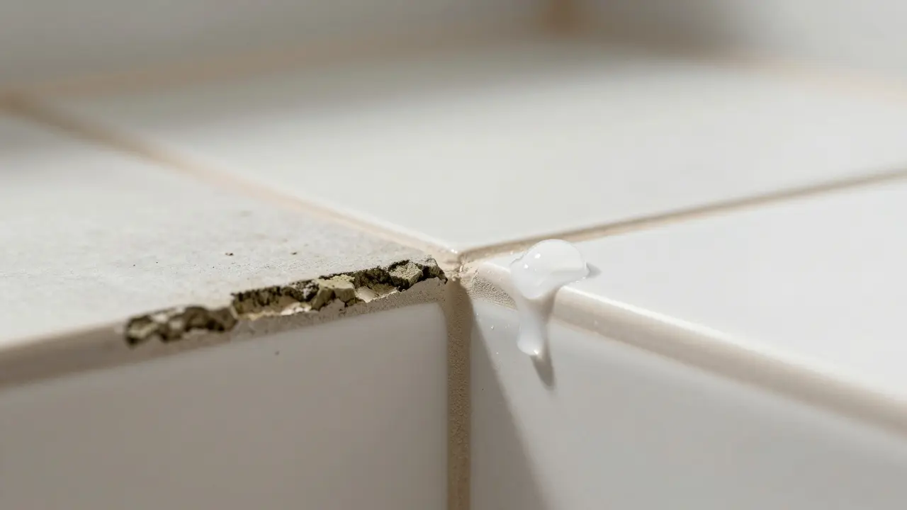 Kontrast zwischen schimmeliger und wasserfester Epoxidfuge bei Fliesen.